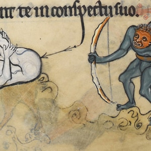 Ouch! Ouch! Medieval Print, gift, wall art, framable print, authentic art, bestiary, marginalia, monkey art, demon, merman, mythic creatures