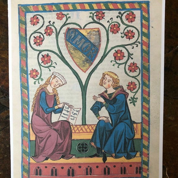Valentines Day Blank Card, Bookish Date, greeting card, courtship, offbeat art print, medieval art, courtly love, medieval poet, romantic