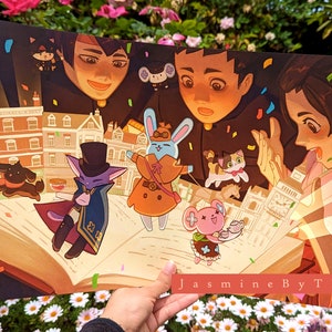 May include: A colorful illustration of a book with a cityscape scene, featuring a rabbit, a cat, a mouse, and a dog. The book is open and the characters are popping out of the pages. The illustration is surrounded by confetti and the text "Jasmine By The Bay" is at the bottom.