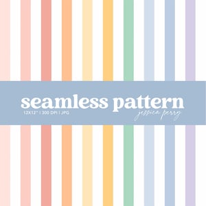 Può includere: Un motivo senza cuciture con strisce verticali nei colori pastello: rosa, pesca, arancione, giallo, verde, blu e lavanda, alternate a strisce bianche. Il testo "seamless pattern" è visualizzato su uno striscione blu.