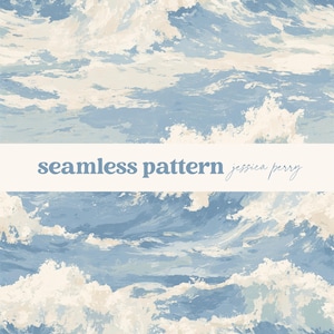May include: A seamless pattern depicting ocean waves in blue and white watercolour. The text "seamless pattern jessica perry" is displayed on a cream banner. The design creates a sense of the sea and would be suitable for various applications.