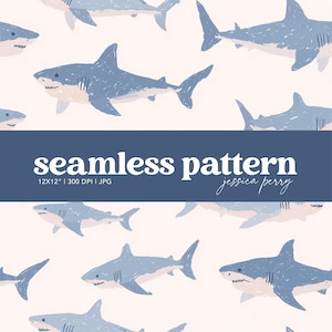 Blåhajar sömlösa mönster, stora vita hajar upprepande mönster, under havet mönster, havsdjur digital papper bakgrund