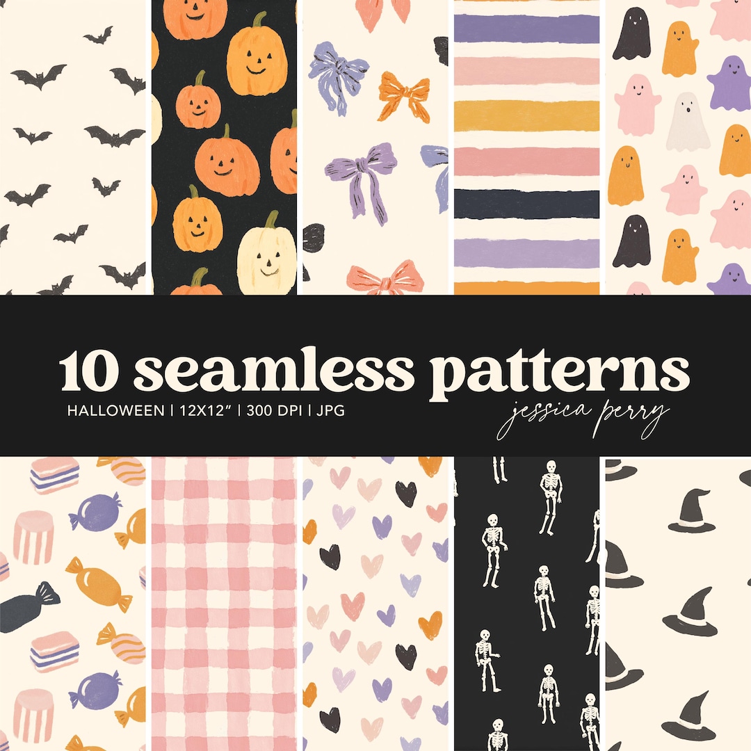 Halloween Seamless Patterns, Retro Cute Pumpkin Ghost Digital Papers ...