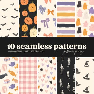 May include: A set of ten seamless Halloween patterns. The designs feature bats, pumpkins, bows, ghosts, stripes, sweets, hearts, skeletons, and witch hats. The text reads "10 seamless patterns" and "Halloween 12x12".