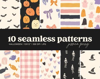 May include: A collection of ten seamless Halloween patterns. The patterns include bats, pumpkins, bows, ghosts, stripes, candy, hearts, skeletons, and witch hats. The text reads "10 seamless patterns" and "Halloween 12x12".