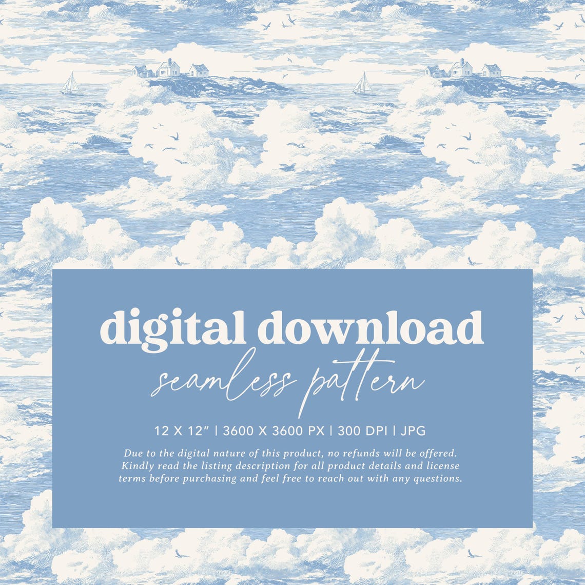 Blue Coastal Toile Seamless Pattern, Ocean Waves Repeating Pattern ...