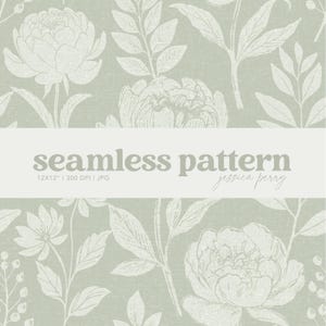 May include: A seamless pattern design with large, detailed floral and leaf illustrations in white against a soft green background. The text "seamless pattern" is displayed in a bold font, along with the designer's name and dimensions.