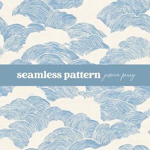 Op de afbeelding: Een naadloos patroon met een herhalend ontwerp van blauwe golven op een crèmekleurige achtergrond. De tekst "seamless pattern jessica perry" wordt weergegeven in een blauwe banner. Het ontwerp heeft een getextureerde, handgetekende uitstraling.