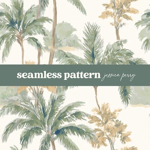 May include: A seamless pattern design with watercolour illustrations of palm trees and tropical plants in green, brown, and gold hues on a cream backdrop. The text "seamless pattern jessica perry" is displayed on a dark green banner.