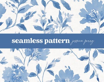Vintage Blue Chinoiserie Floral Seamless Pattern, Blue Watercolor Flower Repeating Pattern, Victorian Floral Digital Paper Background