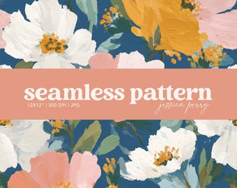 May include: A seamless floral pattern in a painterly style, with large blooms in white, peach, and yellow set against a dark blue backdrop. Green leaves and small yellow accents complement the flowers. The text "seamless pattern" is on a peach banner.