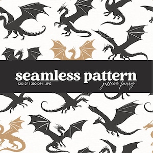 Black and Gold Dragons Seamless Pattern, Hand Drawn Fantasy Dragons Repeating Pattern, Medieval Gold Dragon Digital Paper Background
