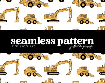 Construction Vehicles Seamless Pattern, Kids Yellow Construction Trucks Repeating Pattern, Dump Truck Excavator Digital Paper Background