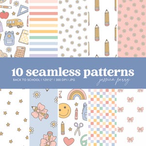 Op de afbeelding: Tien naadloze patronen met een thema van terug naar school. Ontwerpen omvatten schoolspullen, madeliefjes, potloden en regenbogen. De patronen zijn in verschillende kleuren, waaronder pasteltinten en witte achtergronden. De tekst luidt "10 seamless patterns BACK TO SCHOOL".
