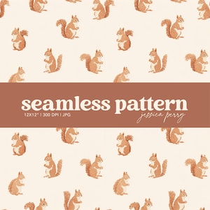 May include: A seamless pattern featuring watercolor illustrations of squirrels in various poses. The squirrels are in shades of brown and tan, set against a cream background. The design includes the text "seamless pattern" and the artist's name.