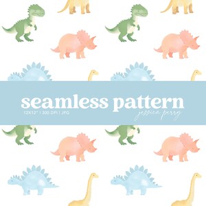 May include: A seamless pattern featuring watercolor illustrations of various dinosaurs in shades of green, pink, blue, and yellow on a white background. The design includes text that reads "seamless pattern" and "jessica perry".