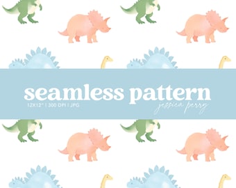 Watercolor Dinosaurs Seamless Pattern, Baby Nursery Dinosaur Repeating Pattern, Rainbow Dino Digital Paper Background