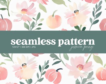Pink Floral Pumpkin Seamless Pattern, Watercolor Fall Pumpkin Trellis Repeating Pattern, Autumn Digital Paper Background