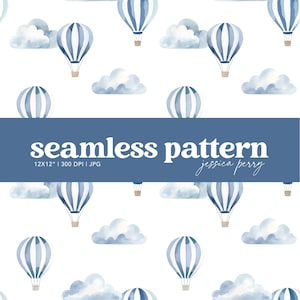 Peut inclure: Motif sans couture avec des montgolfières aquarelles bleues et blanches, entrecoupées de nuages duveteux. Le design comprend le texte "seamless pattern" et le nom "jessica perry".