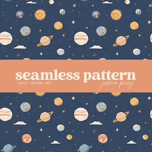 May include: A seamless pattern design featuring planets, stars, and clouds on a dark blue background. The planets are in shades of yellow, orange, and blue. The text "seamless pattern" is displayed in a peach-colored banner.