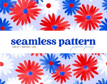 Red White and Blue Daisies Seamless Pattern, 4th of July Floral Repeating Pattern, Patriotic Flowers Independence Day Digital Paper