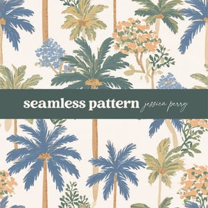 May include: Seamless pattern featuring a tropical design with palm trees in shades of blue, green, and yellow against a cream background. The text "seamless pattern jessica perry" is displayed at the bottom. The design includes stylized trees and foliage.