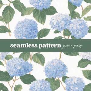 May include: A seamless pattern featuring light blue hydrangea flowers with green leaves and brown stems on a white background. The text "seamless pattern jessica perry" is displayed on a green banner.