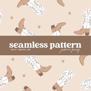 May include: A seamless pattern featuring cowboy boots in shades of brown and white, along with small star shapes, on a light beige background. The text "seamless pattern" is displayed in a brown banner, with the designer's name and image details.