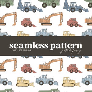 Construction Vehicles Seamless Pattern, Construction Repeating Pattern, Bulldozer Dump Truck Excavator Digital Paper Background
