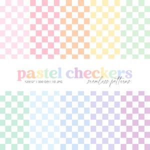 May include: A collection of pastel checkerboard patterns in various colors, including pink, orange, yellow, green, blue, and purple. The image includes the text "pastel checkers" and "seamless patterns". The patterns are 12x12 inches and 300 DPI.