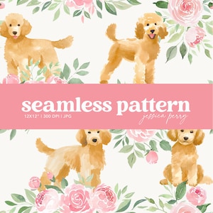 Motivo senza soluzione di continuità con scarabocchi dorati floreali rosa, motivo ripetuto di cani Goldendoodle, sfondo digitale con carta con cuccioli di Goldendoodle acquerellati