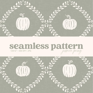 May include: A seamless pattern design featuring white pumpkins and floral vines on a gray background. The text "seamless pattern" is displayed in a bold font, with the designer's name and image details below.