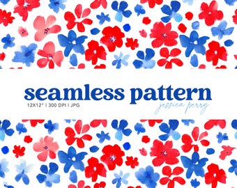 Red White and Blue Floral Seamless Pattern, 4th of July Flowers Repeating Pattern, Patriotic Independence Day Digital Paper Background