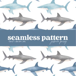May include: A seamless pattern featuring watercolor illustrations of sharks in shades of blue and gray, set against a white background. The design includes the text "seamless pattern" and the artist's name, "jessica perry".