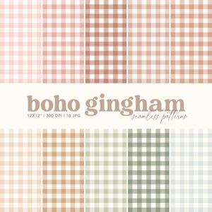 May include: A selection of seamless gingham patterns in shades of pink, brown, and green. The words "boho gingham" are displayed above the patterns, with size and resolution details. The patterns are 12x12 inches.