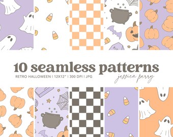Retro Halloween Seamless Patterns, Cute Groovy Ghost Repeating Pattern, Spooky October Digital Paper Backgrounds