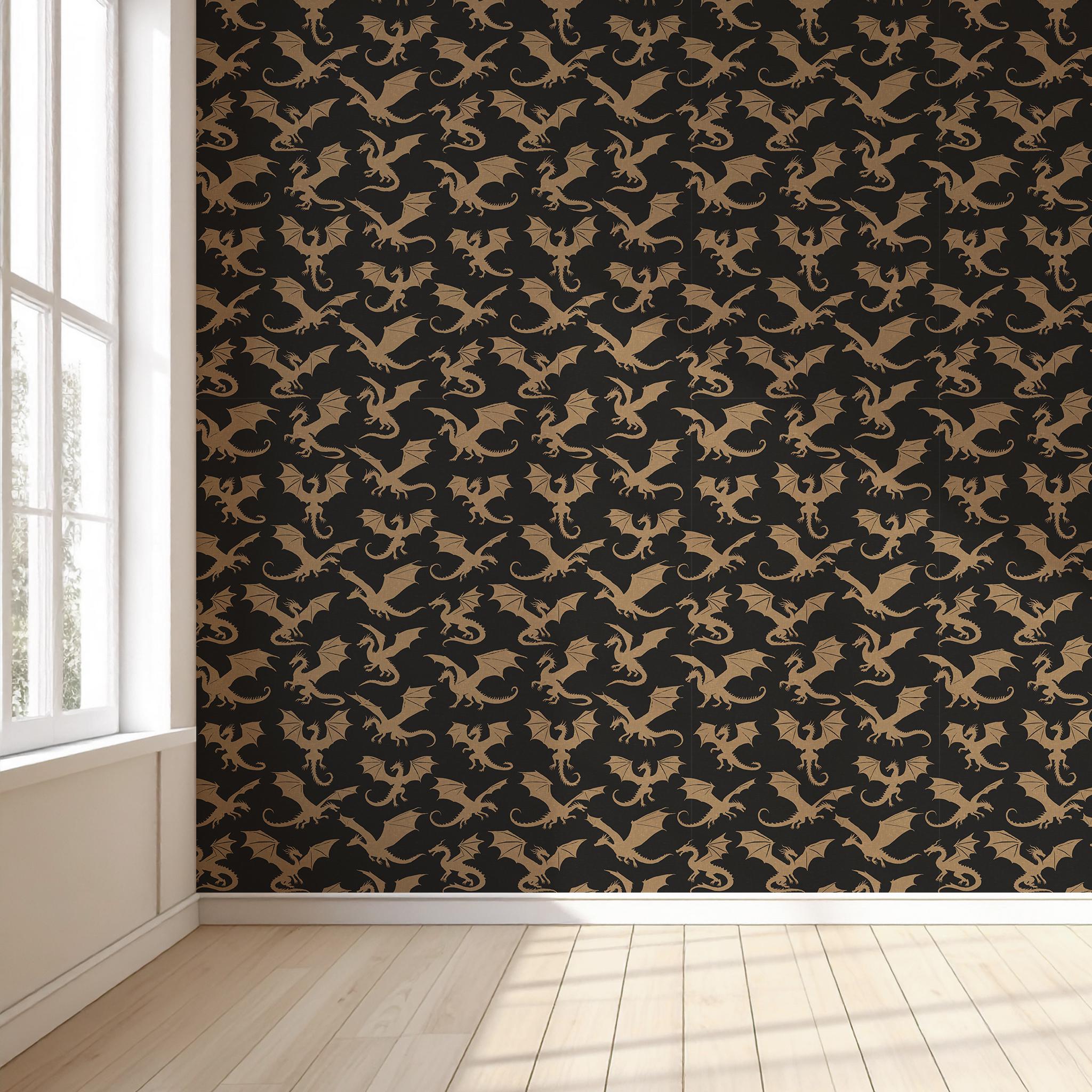 Pattern Dragon Blaack Black and Gold Dragons Seamless Pattern, Hand Drawn Fantasy Dragons ...