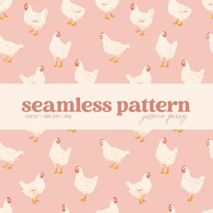 Pink Chickens Seamless Pattern, Cute Hand Drawn Hens Repeating Pattern, Chicken Digital Paper Background