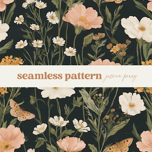 Op de afbeelding: Naadloos patroon met een donkere achtergrond met illustraties van perzikpapavers, witte madeliefjes en vlinders. De tekst "seamless pattern jessica perry" wordt in een banner weergegeven.