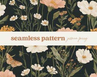 May include: Seamless pattern featuring a dark background with illustrations of peach-colored poppies, white daisies, and butterflies. The text "seamless pattern jessica perry" is displayed in a banner across the image.