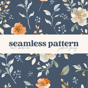 May include: A seamless pattern design featuring watercolor flowers and foliage in shades of orange, white, and blue on a navy background. The text "seamless pattern" is displayed in a bold font. The design is 12x12 inches.