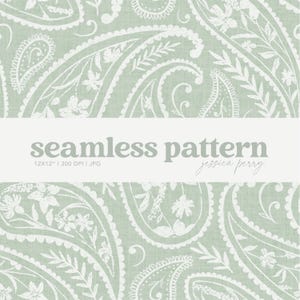 May include: A seamless pattern design featuring a light green background with white paisley and floral elements. The text "seamless pattern" is displayed in a banner across the image, along with the designer's name and dimensions.
