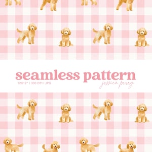 May include: A seamless pattern featuring watercolor illustrations of golden poodles on a pink and white gingham background. The text "seamless pattern" is displayed in pink, along with the artist's name and image dimensions.
