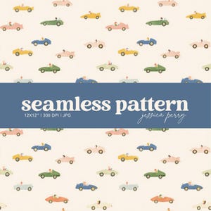 May include: A seamless pattern featuring colorful vintage cars in shades of yellow, pink, green, and blue, each with a driver. The cars are set against a cream background. The text "seamless pattern" is displayed on a blue banner.