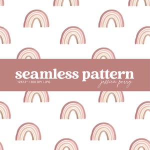 Op de afbeelding: Een naadloos patroon met aquarel regenboogjes in roze, beige en bruin op een witte achtergrond. Het ontwerp bevat de tekst "seamless pattern" en "jessica perry". Het patroon is 30,48 cm x 30,48 cm groot.