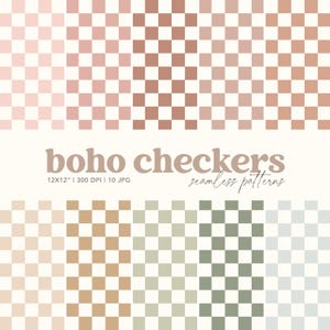 May include: Digital seamless patterns in a boho checkerboard design. The image features various color palettes, including pink, brown, and green, arranged in a grid. Text at the bottom reads "boho checkers" and "seamless patterns".
