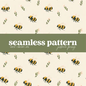 Peut inclure: Un motif sans couture avec des abeilles jaunes et noires, des fleurs roses et des brins verts sur un fond crème. Le texte "seamless pattern" est affiché en blanc sur une bannière verte, avec le nom du designer et les dimensions.