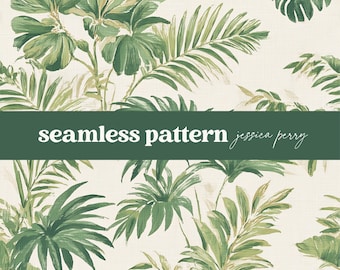 Tropical Leaves Seamless Pattern, Palm Leaf Repeating Pattern, Beach Coastal Botanical Digital Paper Background