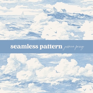 May include: A seamless pattern in shades of blue and white, featuring a coastal scene with a sailboat, houses, clouds, and birds. The text "seamless pattern" is displayed in a blue banner, with the designer's name, "jessica perry", below it.