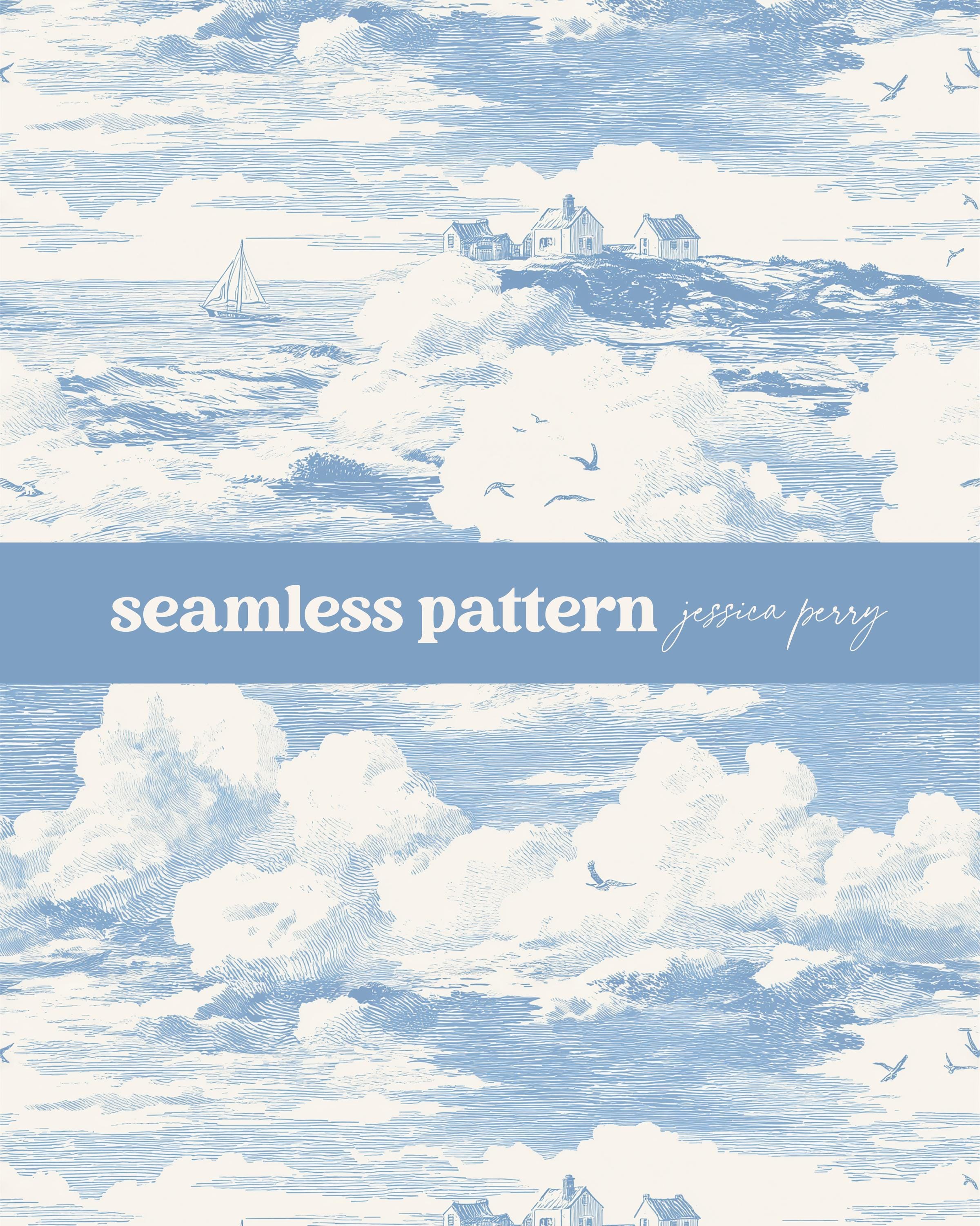 Blue Coastal Toile Seamless Pattern, Ocean Waves Repeating Pattern ...